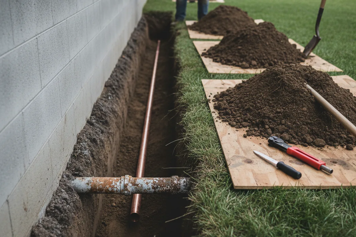 Excavated water line trench during Sewer Line Repair in Rochelle